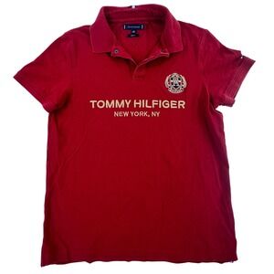 Tommy Hilfiger Men L Polo Shirt Adult Red Slim Fit Embroidered Crest Logo Large